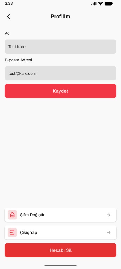 Kare Profilim ekranı — altta Hesabı Sil düğmesi